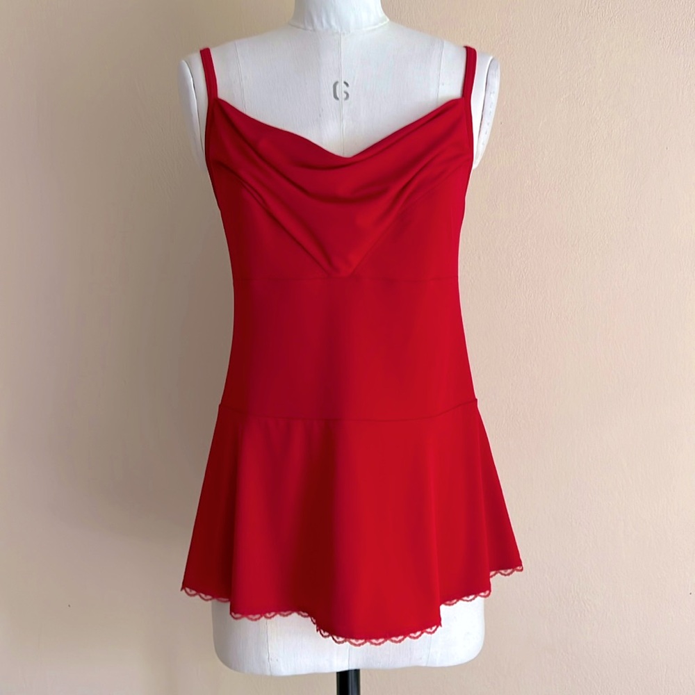 Red, Slinky Party Top Flatters with Cowl Front and Spaghetti Straps